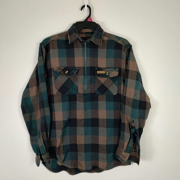 VTG Hickory Shirt Co green/tan plaid 1/4 zip distressed flannel mens M-Tall - Picture 1 of 9
